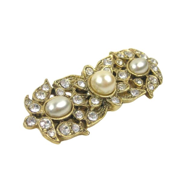 Imitation Pearl Bar Brooch 2.2 inch Pin Jewelry Goldtone Rhinestones Statement - Picture 2 of 7